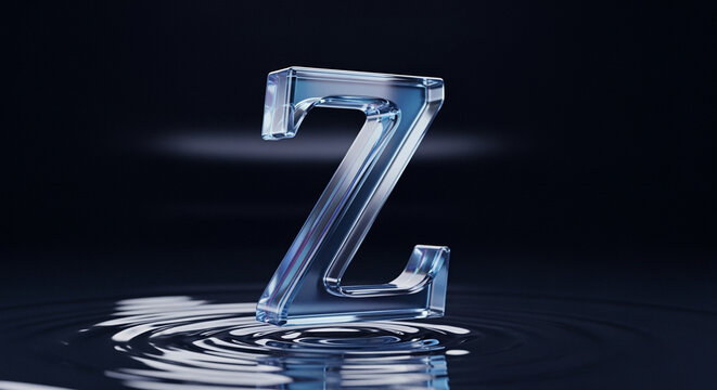 Transparent glass letter Z floating on water ripples