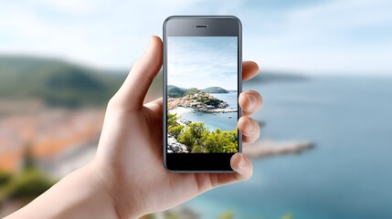 Hand holding smartphone with AR travel guide overlay