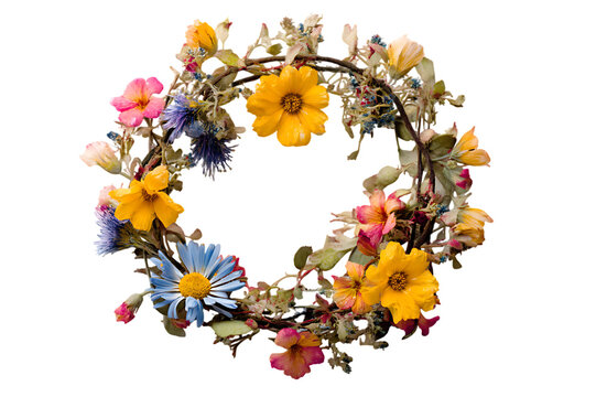 A Vibrant Springtime Flower Wreath Crafted with Delicate Blooms  Isolated on transparent background, cutout	
