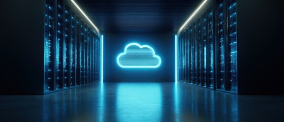 The cloud symbol radiating in a futuristic data center environment.