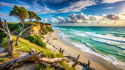 Dramatic coastal landscape with rugged cliffs, sandy beach, and turquoise ocean waves under a cloudy sky at sunset