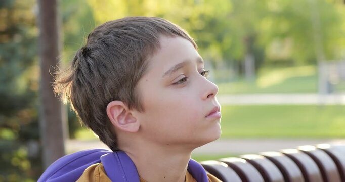 Portrait dream boy sitting outdoors in soft sunlight. boy calm face reflects imagination, peaceful childhood, and inner joy while enjoying nature in a quiet park moment.