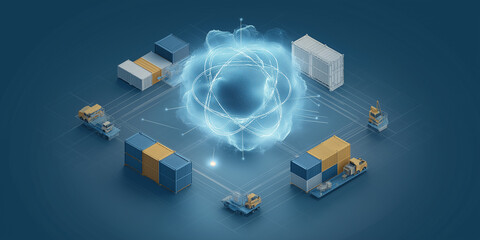 Digital representation of supply chain innovation with quantum AI technology, featuring interconnected shipping containers and trucks. central glowing sphere symbolizes advanced data processing