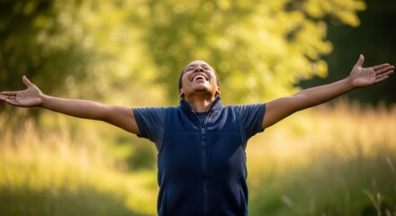Fototapeta premium Person with arms outstretched upwards in a joyous pose smiling with eyes closed against a blurred green natural background Happy Freedom Outdoors Nature