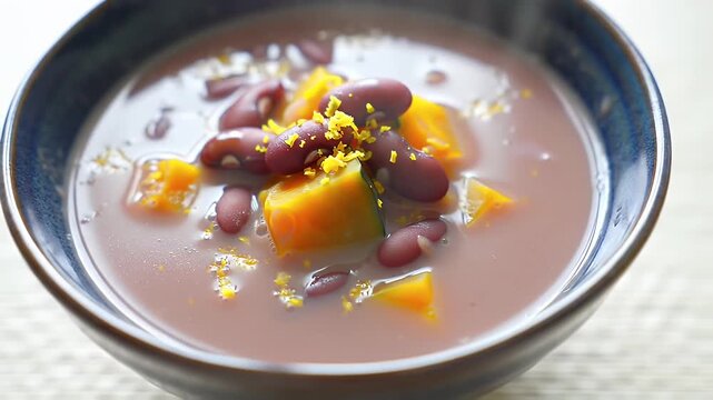 Close Up of Adzuki Bean Soup with Pumpkin and Yellow Zest in Blue Ceramic Bowl