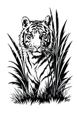Photorealistic Vector of Tiger Hidden in Jungle Grass - Black and White Wildlife Illustration