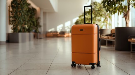 The stylish orange luggage prepared for travel in the airport terminal