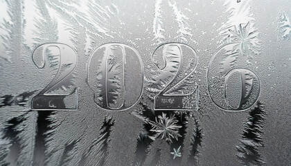 Frosted glass with 2026 numbers and frost patterns