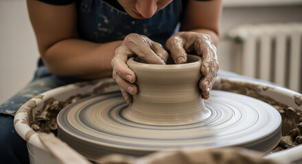 young man working at home with pottery