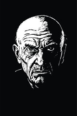 Photorealistic Portrait of Elderly Man - Hyper-Detailed Black and White Vector Illustration