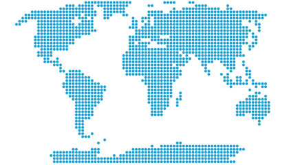 A modern and stylized world map created from a pattern of dots, similar to a halftone or digital display.