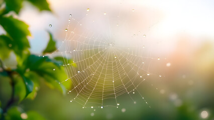 A spiderweb covered in dewdrops hangs in front of green leaves on a bright and sunny morning