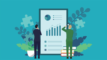 モニターに表示されたデータを分析しているビジネスマン（青）　Businessman analyzing data displayed on a monitor (blue)