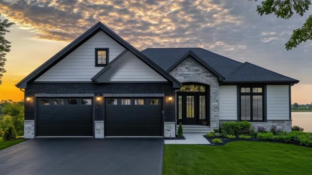 Newly built two-story house with garage at sunset. Modern design features with landscape and potential evening ambiance.