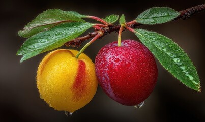 Two plums, yellow and red, on branch with leaves, wet with dew drops