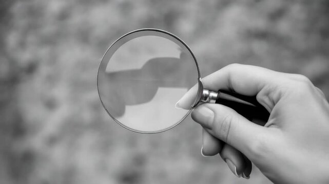 Close-up of hand holding magnifying glass over ground, seeking out information or objects.