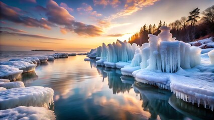 Stunning winter sunrise over a frozen coastline with ice formations reflecting the warm colors of the sky
