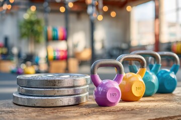 Colorful kettlebells and weight plates arranged on a wooden bench in a bright, modern gym with blurred workout equipment and fitness ambiance in the background