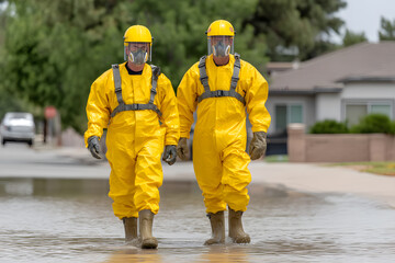 Group of rescue workers in yellow coats walk through flooded street. Climate crisis and emergency response theme for editorial or awareness visuals.