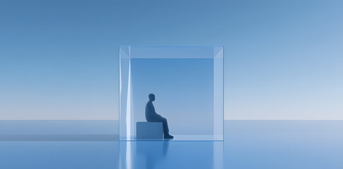 Obraz premium Man in clear box, curled in thought. Abstract metaphor for inner limits and emotional block.