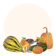 Autumn season hand drawn bright frame with copy space, pumpkins, mushrooms, wild grape and physalis fruit with leaf. Fall clipart. Good for seasonal designs, harvest themes, Halloween, Thanksgiving.
