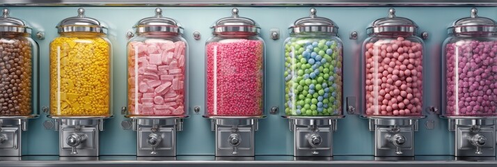 Colorful candy dispensers filled with various sweets in a retro setting at a candy shop during daylight hours