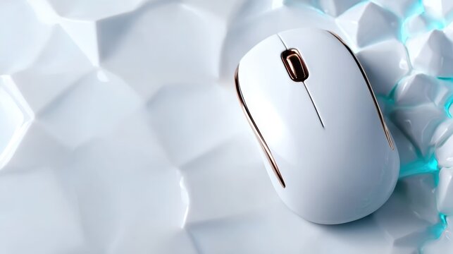 An elegant white computer mouse sits on a textured surface, showcasing its modern design aesthetic, perfect for tech enthusiasts and minimalistic workspace lovers alike.