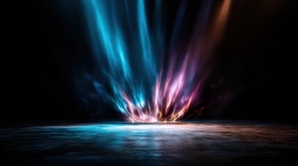 An artistic representation of dynamic light rays emanating from a central point, creating a colorful smoke effect that symbolizes energy and creativity in abstract art.