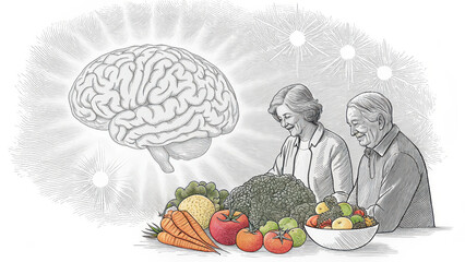 Healthy eating promotes cognitive function, showcasing brain illustration with elderly individuals selecting nutritious fruits and vegetables