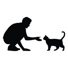 Person crouching down reaching out to a cat silhouette