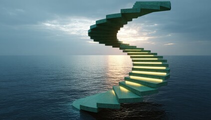 Teal spiral staircase over sea at sunset