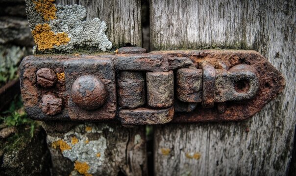 Weathered rusty hinge on aged wood