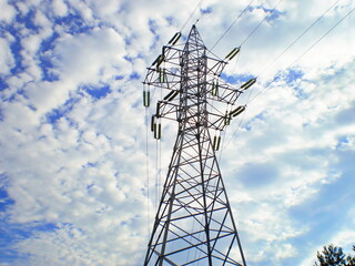 Power Transmission Tower Electric Lines Blue Sky, Electrical Grid Tower Power Lines Forest Landscape