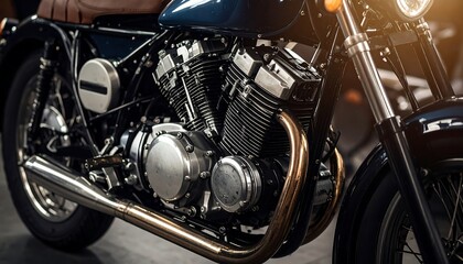 Detailed close-up of a vintage motorcycle engine, showcasing its metallic components and intricate design