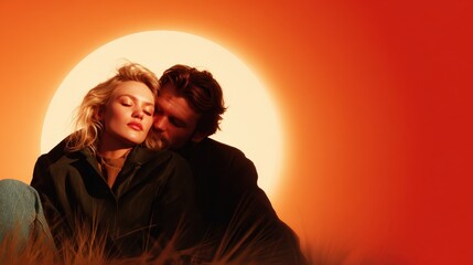 A tender moment of affection between a couple is backlit by a vibrant sunset, creating a warm atmosphere filled with love and connection amidst a serene natural setting.