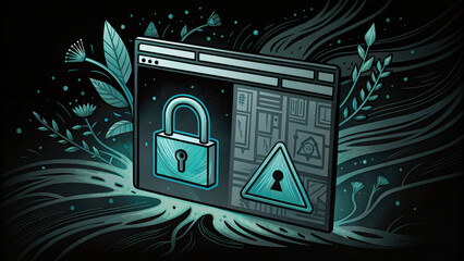 Secure web browsing is essential for protecting sensitive information, featuring lock symbol and warning sign to highlight risks