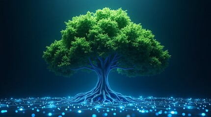 A vibrant green tree with glowing roots on a dark blue background with light particles around it