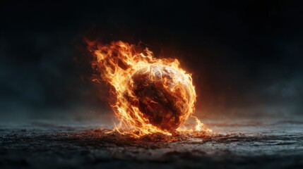 A glowing, fiery rock spins dramatically in a dark space, encapsulating a sense of power and raw energy that captivates the viewer's attention and imagination.