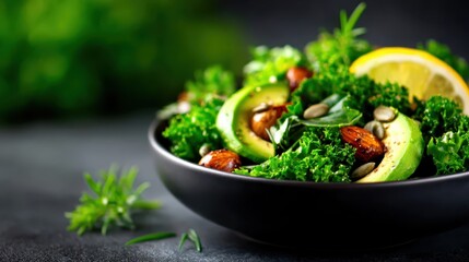 A vibrant salad featuring fresh kale, avocado slices, almonds, and lemon, showcasing a burst of color and nutrition that promotes healthy eating and wellness.
