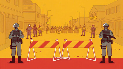 Police officers stand guard at barricade in tense urban environment, highlighting themes of security and authority amidst civil unrest