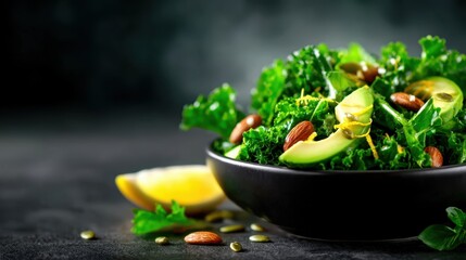 This vibrant salad image showcases fresh kale, avocado, and almonds, representing healthy eating and the importance of nutrition in our daily lives and well-being.