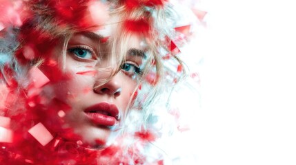 This expressive portrait captures a woman surrounded by red crystalline elements, evoking feelings of passion, intensity, and bold artistic flair in a modern style.