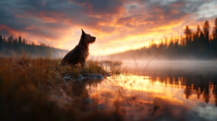 A beautiful dog sits peacefully by a tranquil lake during sunrise, reflecting the golden hues of the sky and the quiet companionship between nature and animals.