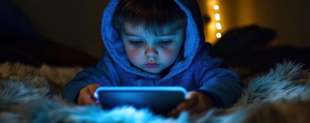 Child using tablet under blanket: Managing screen time to protect sleep from Small boy watching or mobile phone