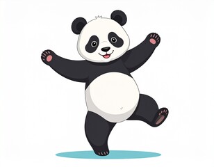 Naklejka premium Happy Cartoon Panda Standing with Arms Up and One Leg Raised