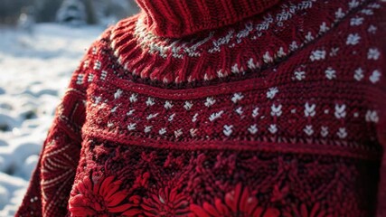 A woman wearing a traditional, handmade scarf with intricate patterns in a snowy landscape during winter.