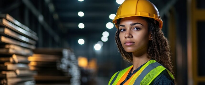 Female construction worker in high visibility gear on dark site at Young wearing vest
