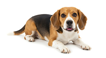 Beagle dog posing with cheerful expression on a white background

