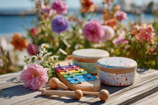Colorful Wooden Musical Instruments and Flowers on a Sunny Day by the Sea, Perfect for Family Fun, Creativity, and Summer Vibes with Vibrant Colors and Natural Beauty