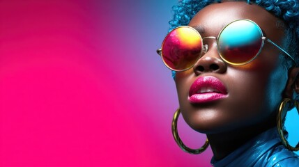 This glamorous portrait features a confident model wearing vibrant sunglasses, showcasing beautiful makeup and a stylish outfit against a colorful gradient background.